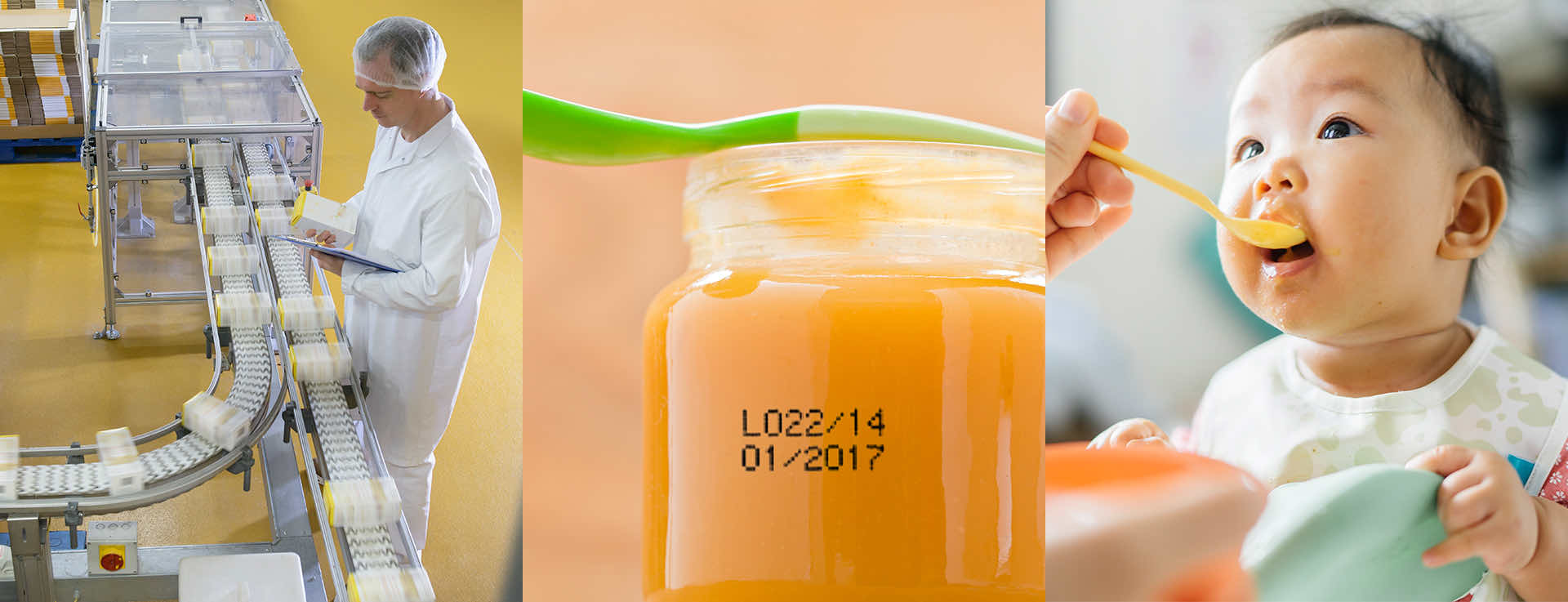 Triptych overhead view of a manufacturing line, close-up coding on baby food, baby eating food from a spoon