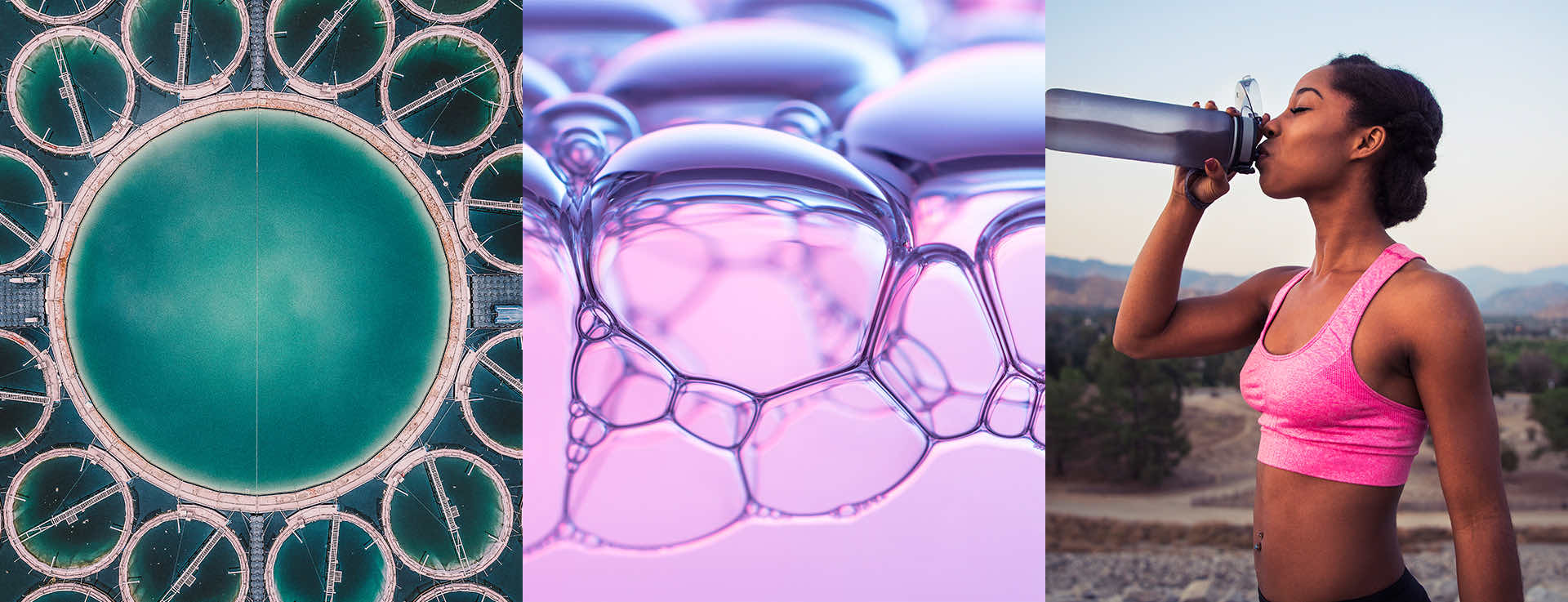 Triptych aerial view of a water treatment plant, close-up view of bubbles in fluid, woman drinking water from water bottle