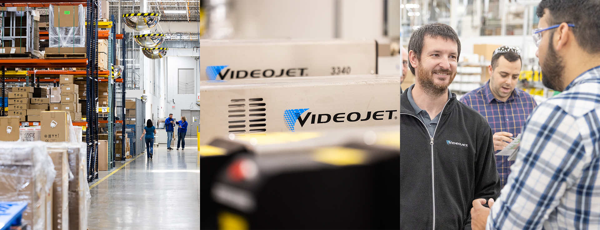 Triptych view of Videojet Wood Dale factory, close-up view of Videojet products, Videojet Associates on manufacturing floor