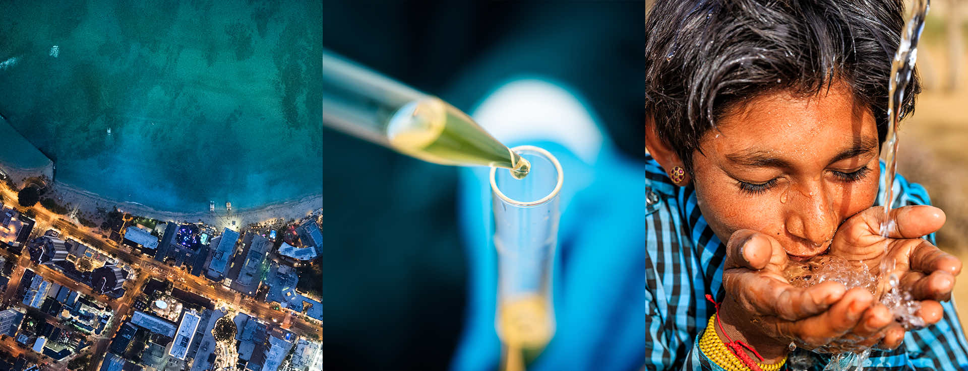 Triptych aerial view of Waikiki, Hawaii, close-up view of a pipette and test tube, child drinking water from cupped hands