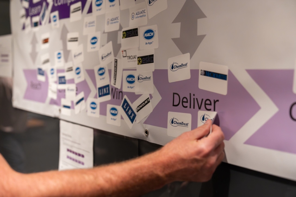 Associate placing a sticker on the word "deliver" at a Veralto Enterprise System activity.